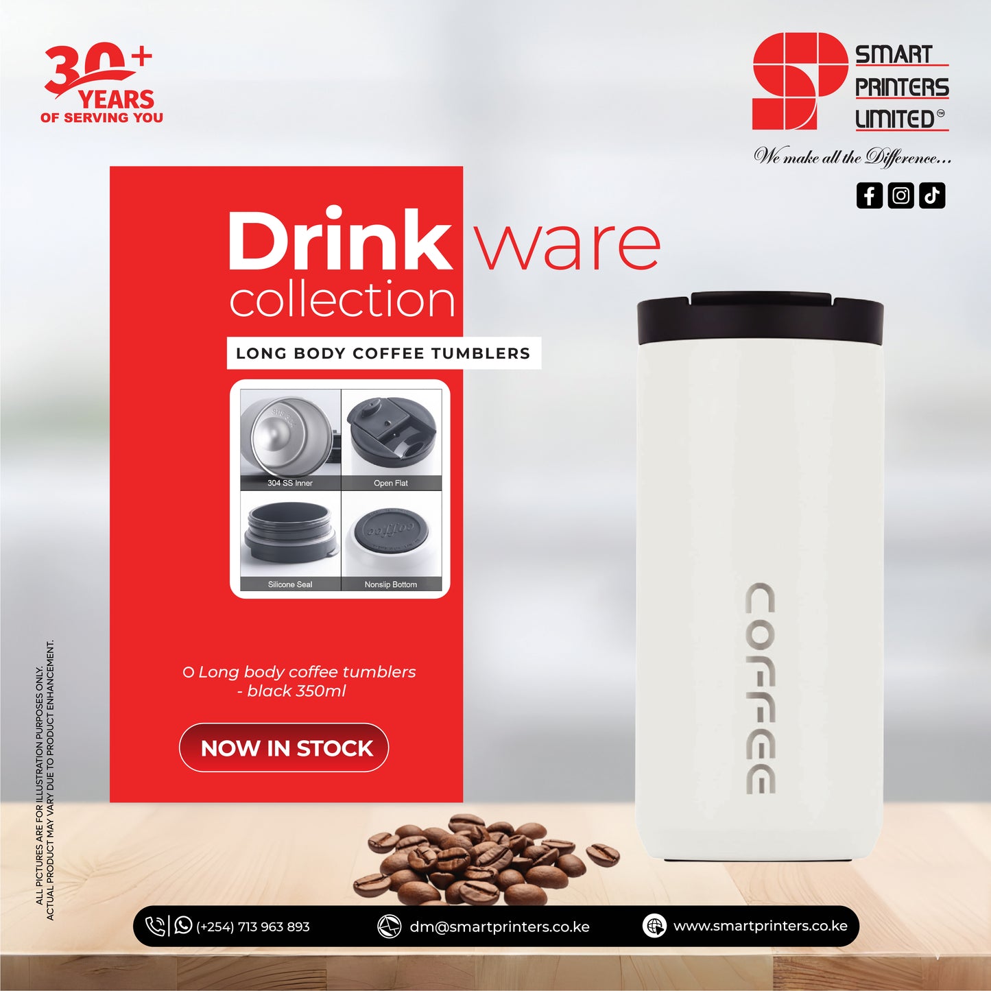 LONG BODY COFFEE TUMBLERS - WHITE 350ML