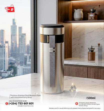 Premium Stainless Steel Business Flask with Integrated Carry Strap l Silver l 500ml
