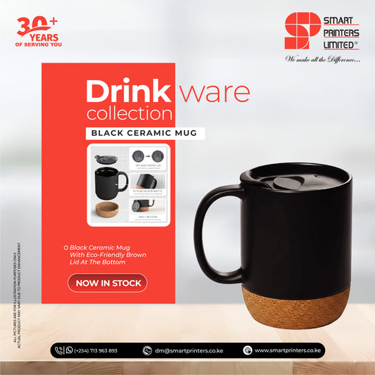 BLACK CERAMIC MUGS WITH ECO-FRIENDLY BROWN LID AT THE BOTTOM