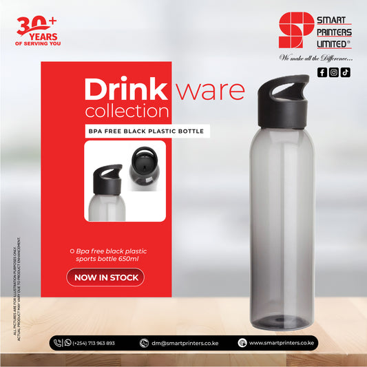 BPA FREE BLACK PLASTIC SPORTS BOTTLE 650ML