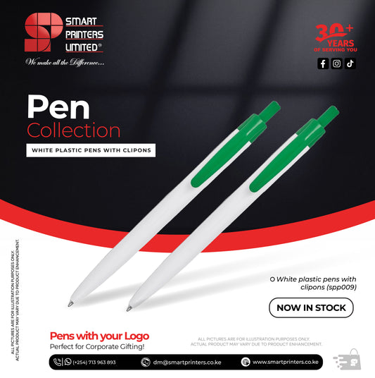 WHITE PLASTIC PENS WITH CLIPONS (SPP009)